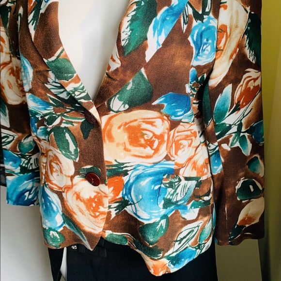 Zara floral light brown short blazer bright orange & blue roses collared US 10 - Picture 4 of 11
